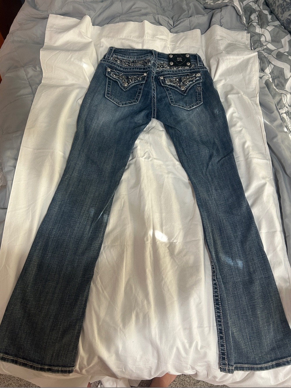 Miss Me Dark Blue Embellished Wide Leg Jeans